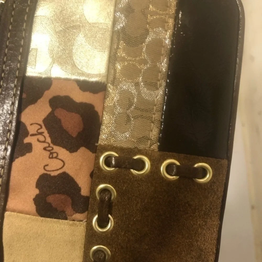 Coach brown multi texture patchwork wristlet bag